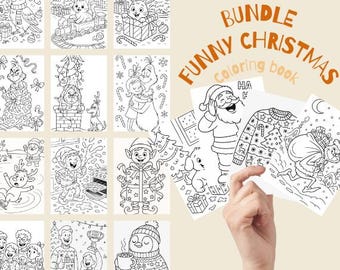 May include: A bundle of black and white Christmas coloring books with various festive illustrations, including Santa Claus, elves, and reindeer. The words "BUNDLE CHRISTMAS FUNNY coloring book" are written in orange.