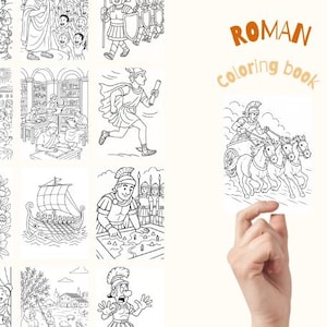 May include: A Roman colouring book featuring black and white illustrations of Roman scenes, such as a chariot race, soldiers, and everyday life. The title "Roman colouring book" is written in orange.