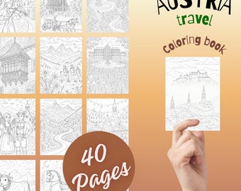 Libro da colorare sull'Austria in formato PDF stampabile: 40 pagine di realismo fantasioso con monumenti austriaci, Alpi, Hallstatt, Vienna, cibo e stagioni.
