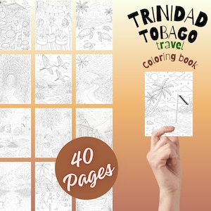 May include: A Trinidad Tobago travel colouring book featuring 40 pages of black and white line art illustrations depicting local scenes, wildlife, and landscapes. The cover displays the title text and a sample page showing a beach with palm trees.