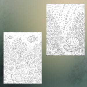 May include: Two black and white line art illustrations of underwater scenes. One features fish, coral, and seashells. The other shows coral, bubbles, and a pearl in an open shell. Suitable for coloring.