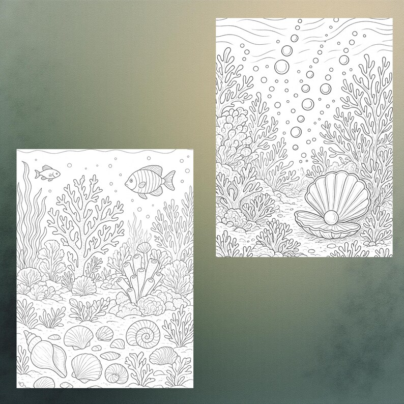 May include: Two black and white line art illustrations of underwater scenes. One features fish, coral, and seashells. The other shows coral, bubbles, and a pearl in an open shell. Suitable for coloring.