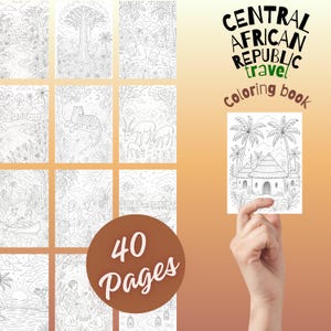 May include: A coloring book titled Central African Republic Travel featuring 40 pages of black and white line art illustrations. The pages depict various scenes including wildlife, landscapes, traditional huts, and people in natural settings.