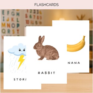 Op de afbeelding: Flashcards met afbeeldingen van een onweerswolk, een konijn en een banaan. De woorden "STORI", "RABBIT" en "NANA" staan eronder. De flashcards liggen op een houten oppervlak.