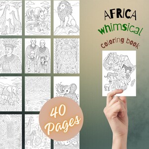Op de afbeelding: Zwart-wit illustraties van Afrikaanse dieren en mensen, waaronder giraffen, leeuwen en olifanten. De woorden "AFRICA whimsical Coloring book" worden weergegeven in groene en bruine tekst. Een ronde sticker met de tekst "40 Pages" is ook zichtbaar.
