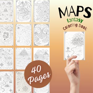 Op de afbeelding: Een fantasie kleurboek met 40 pagina's gedetailleerde kaartillustraties. De kaarten bevatten kastelen, draken, bergen en andere fantasie-elementen. De omslag toont een hand die een voorbeeldkaart vasthoudt met een berg- en eilandscène. De tekst "MAPS fantasy coloring book" wordt weergegeven.