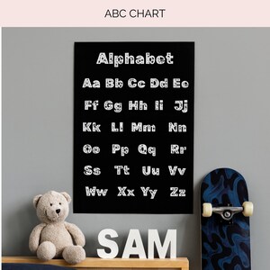 Op de afbeelding: Een zwarte ABC-kaart met witte letters en het woord "Alphabet" bovenaan. Een teddybeer en de naam "SAM" staan voor de kaart. Een blauw skateboard staat aan de rechterkant van de afbeelding.