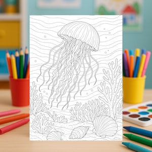 May include: Black and white line drawing of a jellyfish swimming in the ocean. The illustration includes detailed depictions of coral, seashells, and bubbles, creating an underwater scene. This coloring page is suitable for all ages.