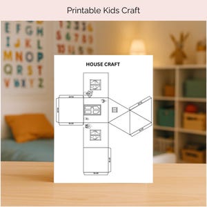 Op de afbeelding: Een zwart-wit afdrukbare huisknutsel sjabloon, getiteld "HOUSE CRAFT" en "Printable Kids Craft". Het ontwerp bevat ramen, deuren en vouwlijnen. De achtergrond toont een kleurrijke alfabetkaart.