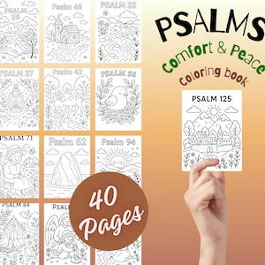 Op de afbeelding: Een kleurboek met de titel "PSALMS" en de ondertitel "Comfort & Peace Coloring book". Het boek bevat 40 pagina's met zwart-wit illustraties van scènes uit de Psalmen, waaronder landschappen, dieren en mensen.