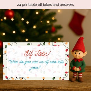 Op de afbeelding: Een kerstafbeelding met een kaart met de tekst "Elf Joke!" en een vraag over elfen. Een klein elfje staat naast de kaart. Op de achtergrond zijn een kerstboom en een rode kous te zien.