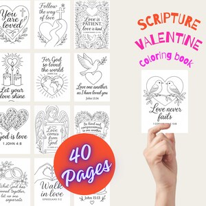 Op de afbeelding: Een Scripture Valentine kleurboek met 40 pagina's. De omslag toont een hand die een kaart vasthoudt met twee vogels en de tekst "Love never fails". Andere kaarten tonen religieuze citaten en illustraties in zwart en wit.