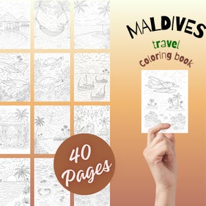 Op de afbeelding: Een Maldives reis-kleurboek met 40 pagina's aan zwart-wit lijntekeningen van tropische eilandscènes, waaronder zeeschildpadden, haaien, watervliegtuigen en bungalows boven het water, met de titeltekst Maldives travel coloring book.