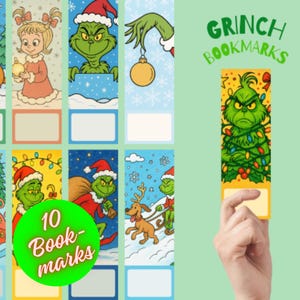 Op de afbeelding: Een verzameling Grinch-thema bladwijzers. De bladwijzers tonen verschillende illustraties van de Grinch en gerelateerde personages, met een groen en rood kleurenschema. De tekst "GRINCH BOOKMARKS" is zichtbaar. Een bladwijzer wordt door een hand vastgehouden.