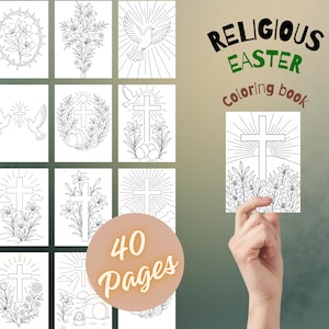 Op de afbeelding: Een religieus Paas kleurboek met 40 pagina's. De omslag toont een kruis met een stralende achtergrond en bloemelementen. De titel van het boek is in zwart en groen. Andere pagina's tonen kruisen, duiven en bloemmotieven.