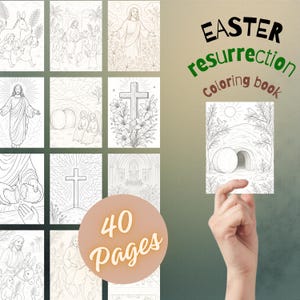 May include: An Easter Resurrection colouring book with 40 pages. The cover features the text "Easter Resurrection Coloring book". The pages contain line drawings of religious scenes, including Jesus, crosses, and the empty tomb.