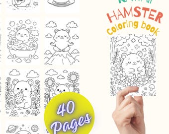 May include: A "Kawaii Hamster Coloring Book" with 40 pages, featuring adorable hamster illustrations in various scenes. The cover shows a hand holding a page with a hamster in a floral setting. The book's title is in green, red, and yellow.