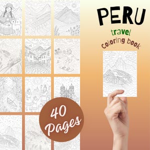 Op de afbeelding: Een kleurboek met 40 pagina's met lijntekeningen van Peru-reisscènes. De cover toont de tekst "PERU travel coloring book". De afbeeldingen bevatten bergen, mensen en architectuur. Het boek wordt door een hand vastgehouden.