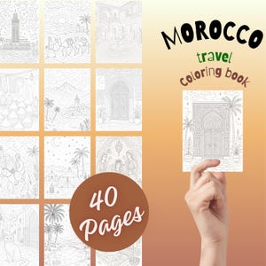 Könnte beinhalten: Ein Malbuch mit dem Titel "MOROCCO travel Coloring book" wird von einer Hand gehalten. Das Buch enthält 40 Seiten mit Schwarz-Weiß-Illustrationen marokkanischer Szenen. Der Hintergrund ist ein Farbverlauf aus Orange und Gelb.