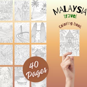 May include: A coloring book titled "Malaysia Travel Coloring Book" with 40 pages. The cover features a hand holding a sample coloring page. The book contains black and white illustrations of Malaysian landmarks and scenes.