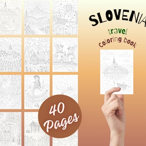 Op de afbeelding: Een Slovenië reis kleurboek met 40 pagina's. De cover toont de tekst "Slovenia travel coloring book". Het boek bevat zwart-wit illustraties van Sloveense bezienswaardigheden en scènes, waaronder bergen, gebouwen en mensen.