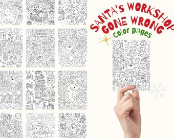 40 pagine da colorare del laboratorio di Babbo Natale | Divertente caos degli elfi | Fantasiosi disegni natalizi stampabili per bambini (PDF)