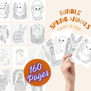 Op de afbeelding: Een bundel kleurboekpagina's met lentethema. De pagina's bevatten illustraties van kuikens, konijnen, eenden en paaseieren. De tekst op de omslag luidt "Bundle Spring Animals Coloring book" en "160 Pages".