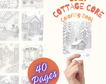 Può includere: Una mano tiene in mano un "Libro da colorare Cozy Cottage Core" di 40 pagine. Il libro presenta disegni a tratto dettagliati di scene di cottage accoglienti, tra cui case, interni ed elementi naturali. Il testo della copertina è arancione e il libro è su sfondo crema.