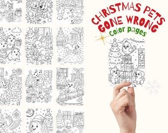 40 divertenti pagine da colorare di animali domestici a Natale | Gatti, cani e caos natalizio | Libro da colorare stampabile per gli amanti degli animali in formato PDF