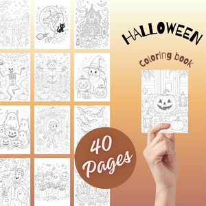 Op de afbeelding: Een Halloween kleurboek met 40 pagina's aan zwart-wit lijntekeningen. De kaft toont de tekst HALLOWEEN coloring book en een pompoen op een veranda. De binnenpagina's bevatten illustraties van onder andere geesten, heksen en monsters.