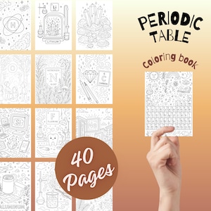 Op de afbeelding: Een kleurboek getiteld Periodic Table Coloring Book met 40 pagina's. De omslag en de binnenpagina's bevatten zwart-wit lijntekeningen van chemische elementen, waaronder lithium, stikstof, koolstof, silicium, fluor, neon en aluminium.