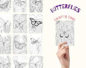 大人向けのリアルな蝶の塗り絵40枚｜自然をテーマにした印刷可能なPDF｜リラックスできる精巧な野生動物の線画