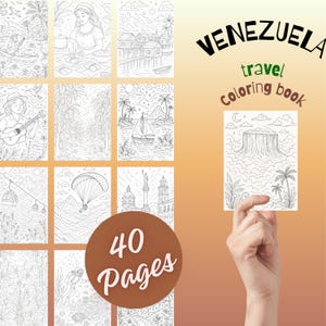 Op de afbeelding: Een zwart-wit kleurboek getiteld "Venezuela Travel Coloring book" met 40 pagina's. De omslag bevat illustraties van Venezolaanse scènes. Het boek wordt door een hand vastgehouden tegen een oranje gradiënt achtergrond.
