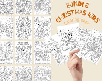 May include: A bundle of Christmas-themed coloring book pages for kids. The pages feature various holiday scenes, including Santa Claus, elves, animals, and gingerbread houses. The text "BUNDLE CHRISTMAS KIDS Coloring book" is visible.