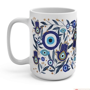 Evil Eye Hamsa Mug 11oz 15oz Am Yisrael Chai, jewish art coffee cup Ceramic Mug Israel jewish gift Rosh Hashanah Gift Israeli Eyes Art