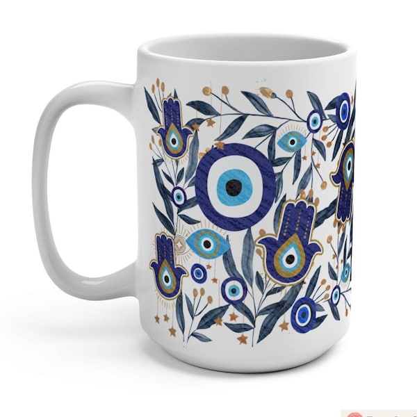 Taza de Hamsa con ojo malvado, 11 oz, 15 oz, Am Israel Chai, taza de café de arte judío, taza de cerámica, regalo judío de Israel, regalo de Rosh Hashaná, arte de ojos israelíes