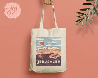 Jerusalem Vintage Tote Bag Hand drawn | Hebrew Jewish gift | Art bag, graphic bag, woman gift shopping everyday bag, shabbos, shabbat