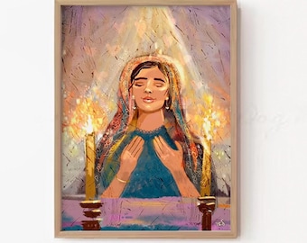 Velas de Shabat, arte de pared, iluminación, velas de Shabat, pintura, impresión o marco de arte judío, artista israelí, regalo de Shabat para Pésaj, decoración judía para el hogar