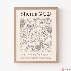 Shema Yisrael väggkonst – Shema bön judisk konsttryck | Judaisk gåva från Israel | 7 arter av Israel Am Yisrael Chai dekor