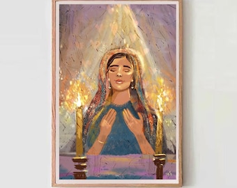 Encender velas de Shabat Pintura Arte de pared Oración Artista israelí Israel Arte judío Pósteres mate Regalo Regalo Pascua Vela de Shabat Judío