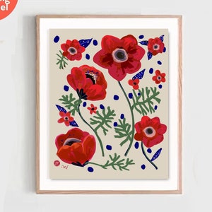 Kwiat Izraela Kalanit Druk artystyczny Kalanit Plakat ścienny Izrael Żydowski prezent Ręcznie rysowane kwiaty Sztuka Izrael Chai prezenty Izraelski artysta