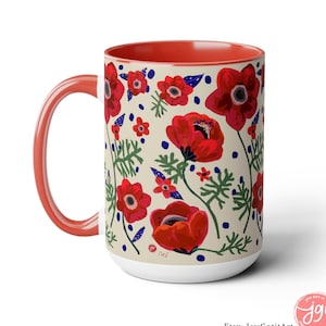 Taza de flores de Israel, taza de té Kalanit, taza de café de cerámica, 11 oz, 15 oz, taza de trabajo para la mañana, regalo judío, artista israelí, flores rojas, artista israelí