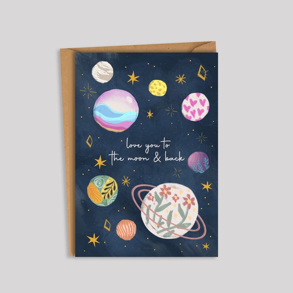 Love you to Moon and Back Greeting Card |  birthday | art, space, planets, colorful,  | Love you, Thank you Blank Card