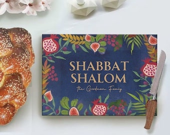 Personalized Challah Cutting Board Shabbat Shalom Glass 7 Species of Israel Hand drawn art jewish gift Israeli artist Israeli shabbos gifts