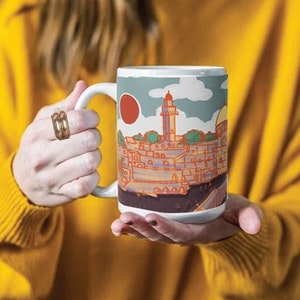 Jerusalem Mug Israel art drawing, tea cup, coffee cup, Ceramic Mug 11oz 15oz work mug, morning mug Jewish gift, coffee mug, Jerusalem, gift