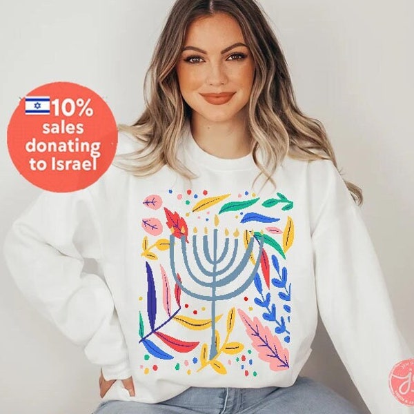 Hanukkah Flower Menorah Sweater Holiday Sweatshirt Stand with Israel Hanukkah hanukkah gifts Jewish gift Israel art chanukah woman gift idea