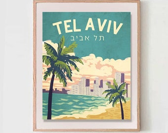 Vintage Tel Aviv Beach Wall Art Poster Print, Hebrew, Jewish art, Israel art, Jewish gift, Hand drawn art aesthetic, Israel art prints gifts