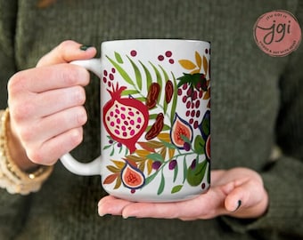 7 frutos de Israel, 7 especies de Israel, taza, taza de té, taza de café, taza de cerámica de 11 oz, taza de trabajo, taza de la mañana, Israel, regalo judío, taza de café