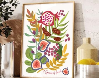 7 Species Israel Art Poster Matte Vertical Jewish Gift Israeli Artist Pomegranate Grapes Colorful Wall Decor for Rosh Hashanah Fruit Art