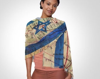 Israel Flag Map Scarf  Light Men Women fabric Hair Cover Covering Jewish Israeli Artist Am Yisrael Chai Headwrap Passover Israeli Maps Gifts